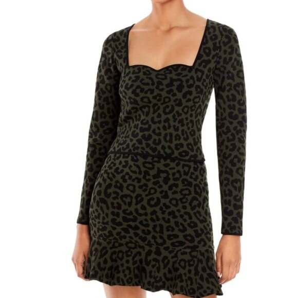 AQUA Leopard animal print Jacquard Long Sleeve Top Black and Green - Picture 8 of 9